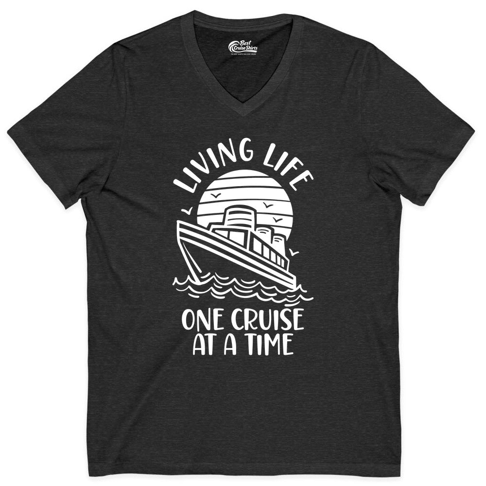 Living Life One Cruise at a Time Shirt - Cruise Life Vacation Apparel (V-Neck) in Dark Grey Heather - Living Life One Cruise at a Time Ocean Sunset Waves Graphic Shirt
