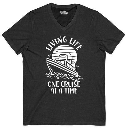 Living Life One Cruise at a Time Shirt - Cruise Life Vacation Apparel (V-Neck) in Dark Grey Heather - Living Life One Cruise at a Time Ocean Sunset Waves Graphic Shirt