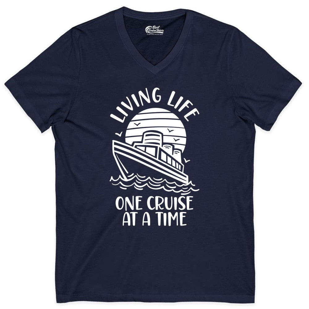 Living Life One Cruise at a Time Shirt - Cruise Life Vacation Apparel (V-Neck) in Navy - Living Life One Cruise at a Time Ocean Sunset Waves Graphic Shirt