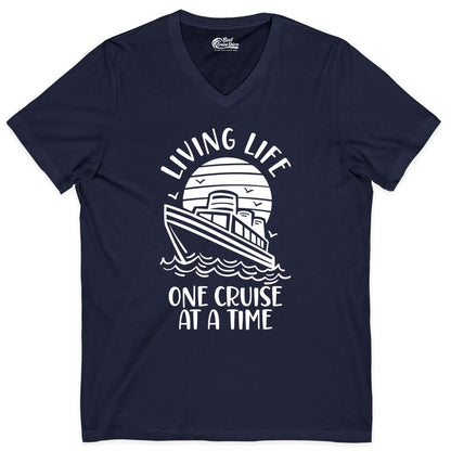 Living Life One Cruise at a Time Shirt - Cruise Life Vacation Apparel (V-Neck) in Navy - Living Life One Cruise at a Time Ocean Sunset Waves Graphic Shirt