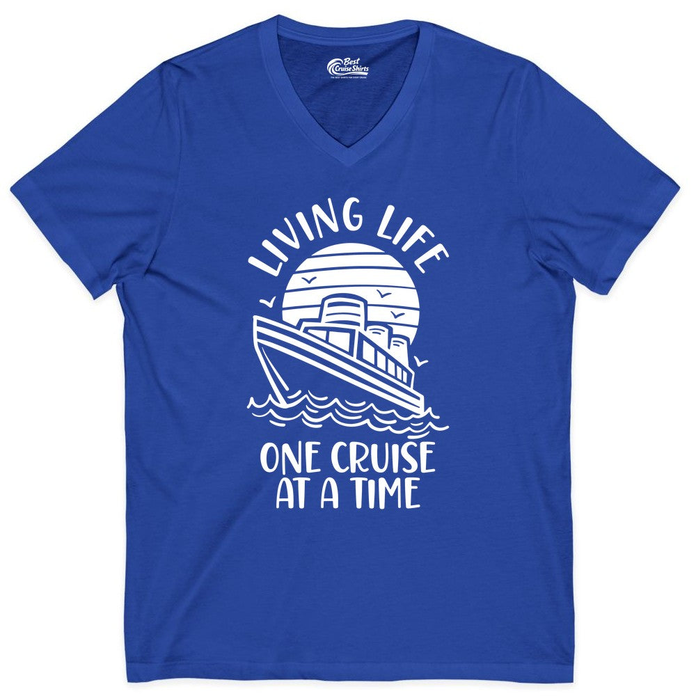 Living Life One Cruise at a Time Shirt - Cruise Life Vacation Apparel (V-Neck) in True Royal - Living Life One Cruise at a Time Ocean Sunset Waves Graphic Shirt