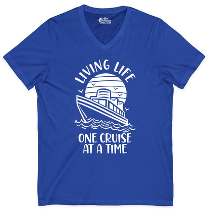 Living Life One Cruise at a Time Shirt - Cruise Life Vacation Apparel (V-Neck) in True Royal - Living Life One Cruise at a Time Ocean Sunset Waves Graphic Shirt