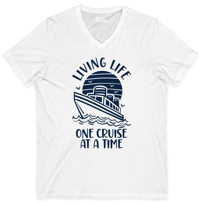 Living Life One Cruise at a Time Shirt - Cruise Life Vacation Apparel (V-Neck) in White - Living Life One Cruise at a Time Ocean Sunset Waves Graphic Shirt