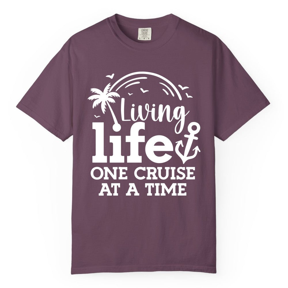 Living Life One Cruise at a Time Shirt - Cruise Lover Gift Apparel (Comfort Color) in Berry - Living Life One Cruise at a Time Palm Tree Anchor Cruise Shirt