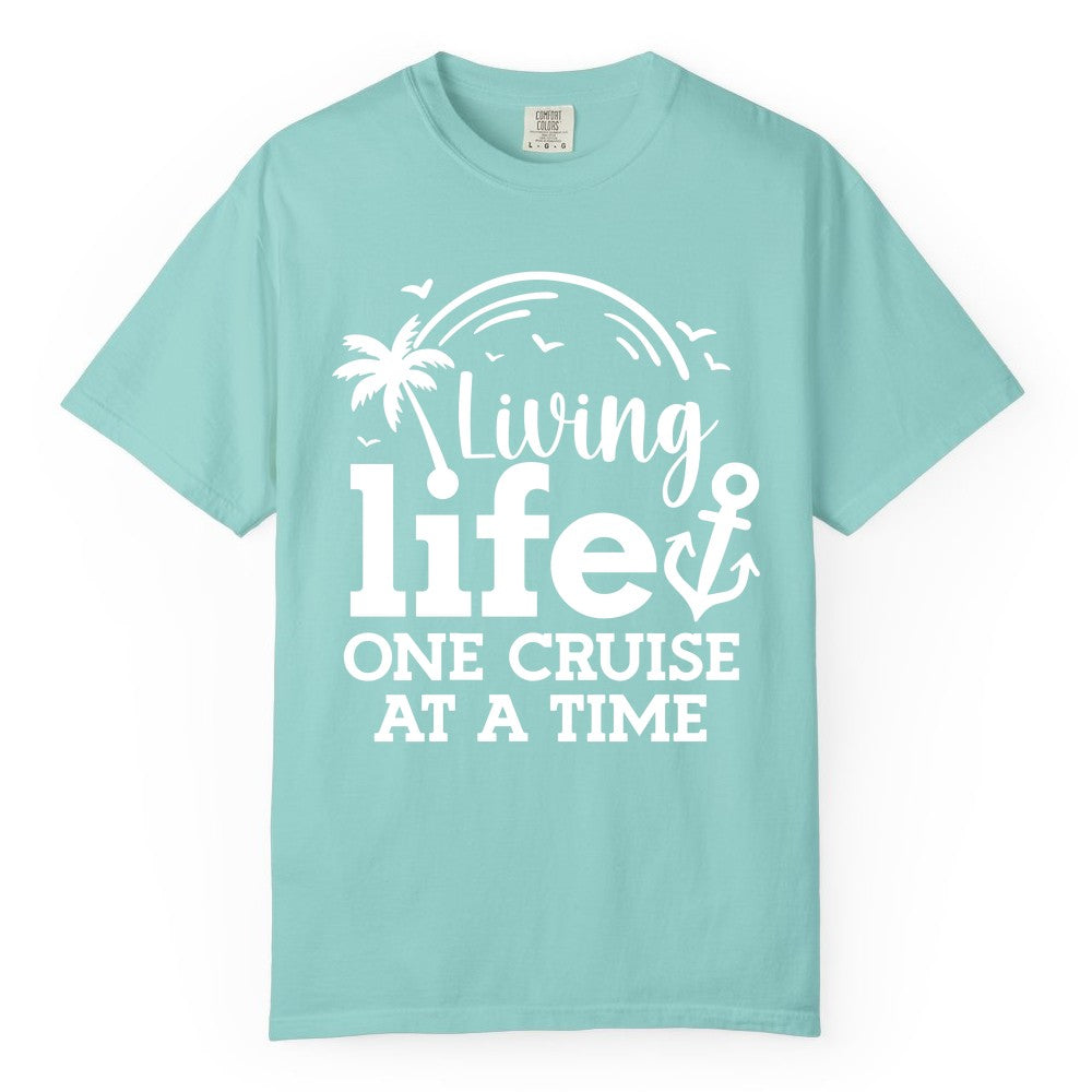 Living Life One Cruise at a Time Shirt - Cruise Lover Gift Apparel (Comfort Color) in Chalky Mint - Living Life One Cruise at a Time Palm Tree Anchor Cruise Shirt