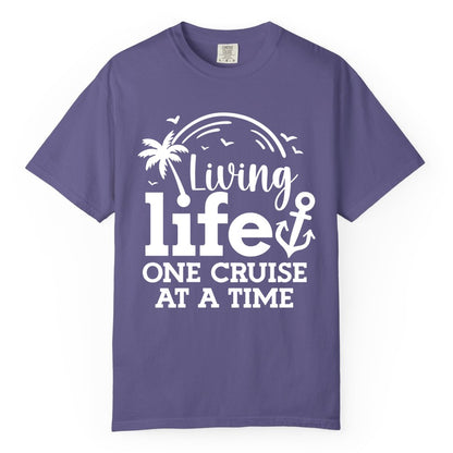 Living Life One Cruise at a Time Shirt - Cruise Lover Gift Apparel (Comfort Color) in Grape - Living Life One Cruise at a Time Palm Tree Anchor Cruise Shirt