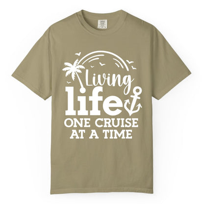 Living Life One Cruise at a Time Shirt - Cruise Lover Gift Apparel (Comfort Color) in Khaki - Living Life One Cruise at a Time Palm Tree Anchor Cruise Shirt