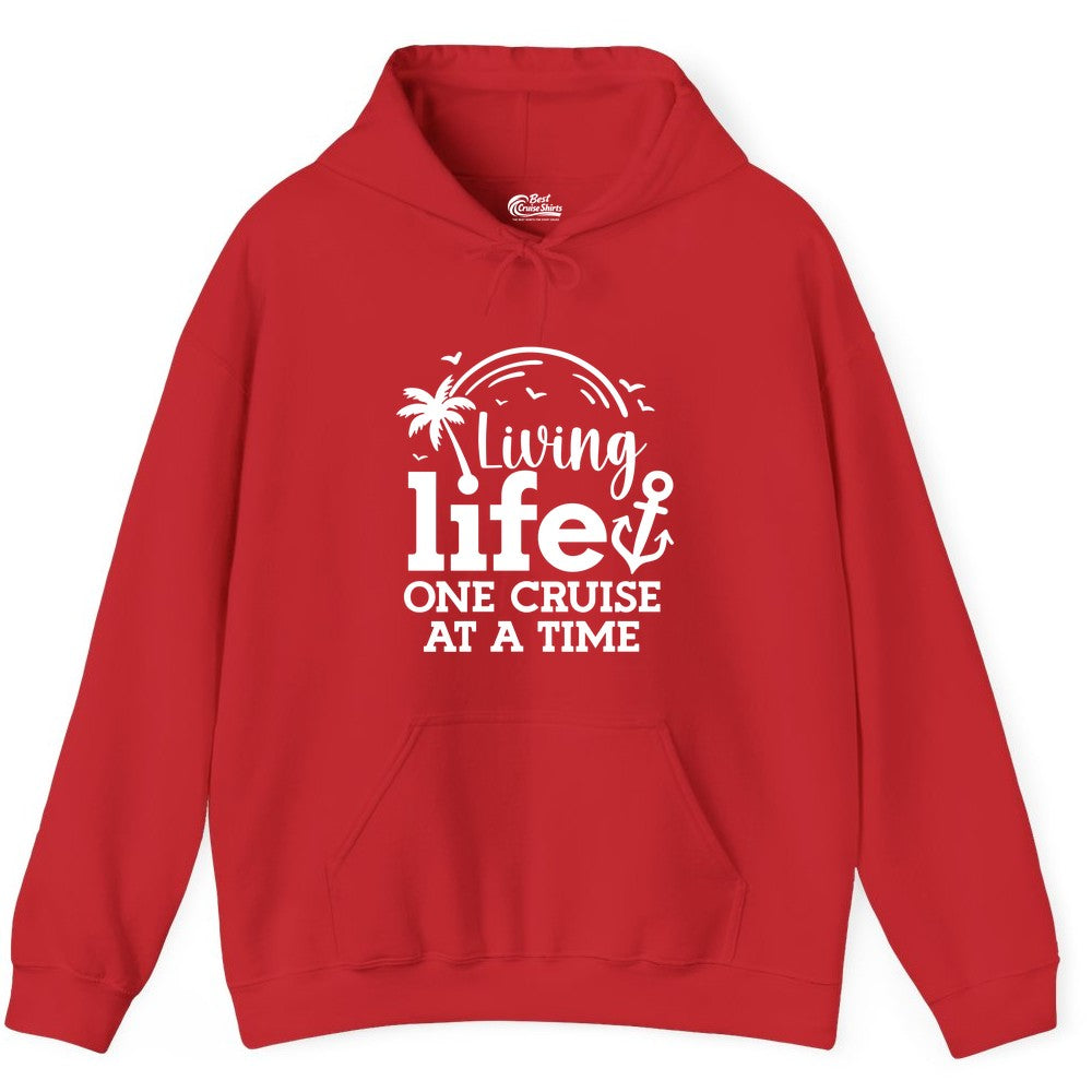 Living Life One Cruise at a Time Shirt - Cruise Lover Gift Apparel (Hoodie) in Red - Living Life One Cruise at a Time Palm Tree Anchor Cruise Shirt