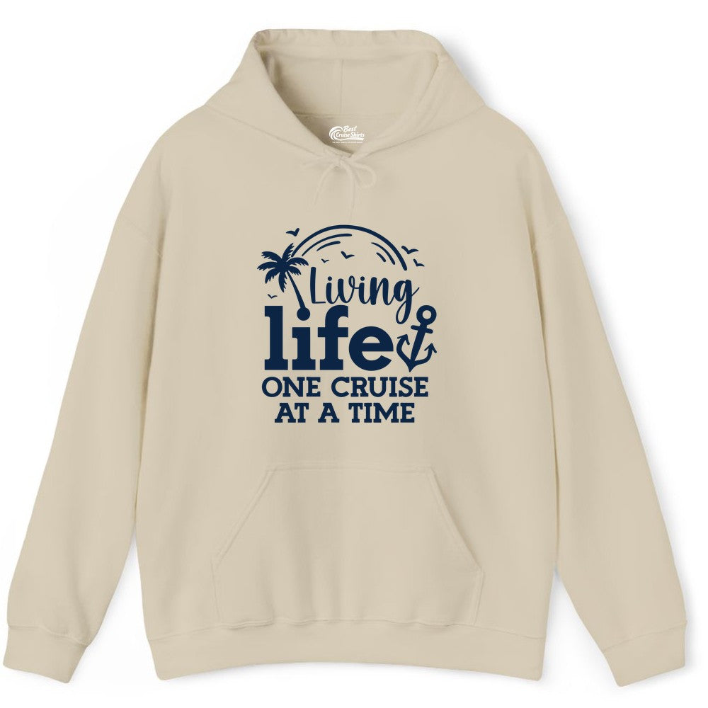 Living Life One Cruise at a Time Shirt - Cruise Lover Gift Apparel (Hoodie) in Sand - Living Life One Cruise at a Time Palm Tree Anchor Cruise Shirt