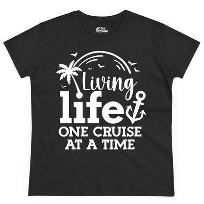 Living Life One Cruise at a Time Shirt - Cruise Lover Gift Apparel (Ladies Tee) in Black - Living Life One Cruise at a Time Palm Tree Anchor Cruise Shirt