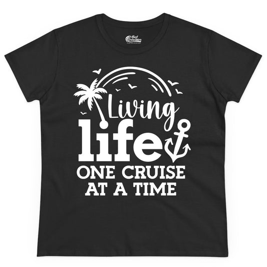 Living Life One Cruise at a Time Shirt - Cruise Lover Gift Apparel (Ladies Tee) in Black - Living Life One Cruise at a Time Palm Tree Anchor Cruise Shirt
