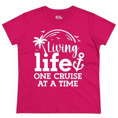 Living Life One Cruise at a Time Shirt - Cruise Lover Gift Apparel (Ladies Tee) in Heliconia - Living Life One Cruise at a Time Palm Tree Anchor Cruise Shirt