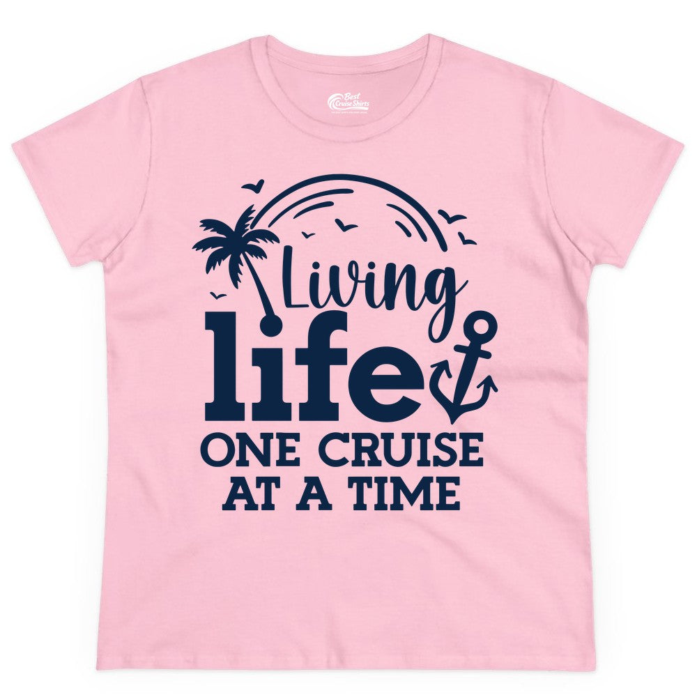 Living Life One Cruise at a Time Shirt - Cruise Lover Gift Apparel (Ladies Tee) in Light Pink - Living Life One Cruise at a Time Palm Tree Anchor Cruise Shirt