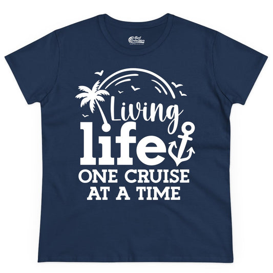 Living Life One Cruise at a Time Shirt - Cruise Lover Gift Apparel (Ladies Tee) in Navy - Living Life One Cruise at a Time Palm Tree Anchor Cruise Shirt