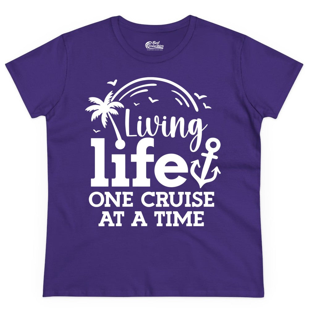 Living Life One Cruise at a Time Shirt - Cruise Lover Gift Apparel (Ladies Tee) in Purple - Living Life One Cruise at a Time Palm Tree Anchor Cruise Shirt