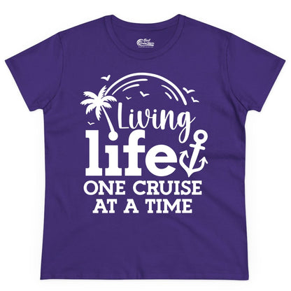 Living Life One Cruise at a Time Shirt - Cruise Lover Gift Apparel (Ladies Tee) in Purple - Living Life One Cruise at a Time Palm Tree Anchor Cruise Shirt