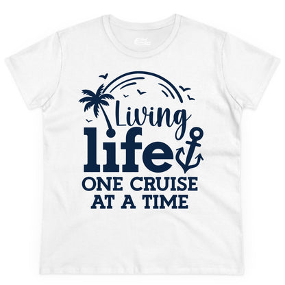 Living Life One Cruise at a Time Shirt - Cruise Lover Gift Apparel (Ladies Tee) in White - Living Life One Cruise at a Time Palm Tree Anchor Cruise Shirt