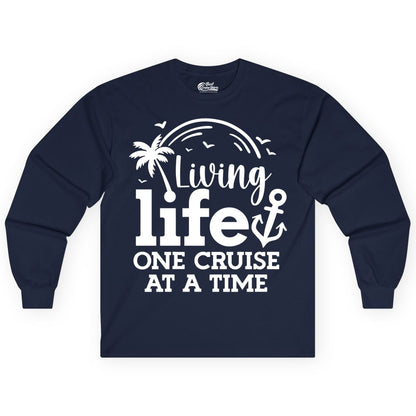 Living Life One Cruise at a Time Shirt - Cruise Lover Gift Apparel (Long Sleeve) in Navy - Living Life One Cruise at a Time Palm Tree Anchor Cruise Shirt