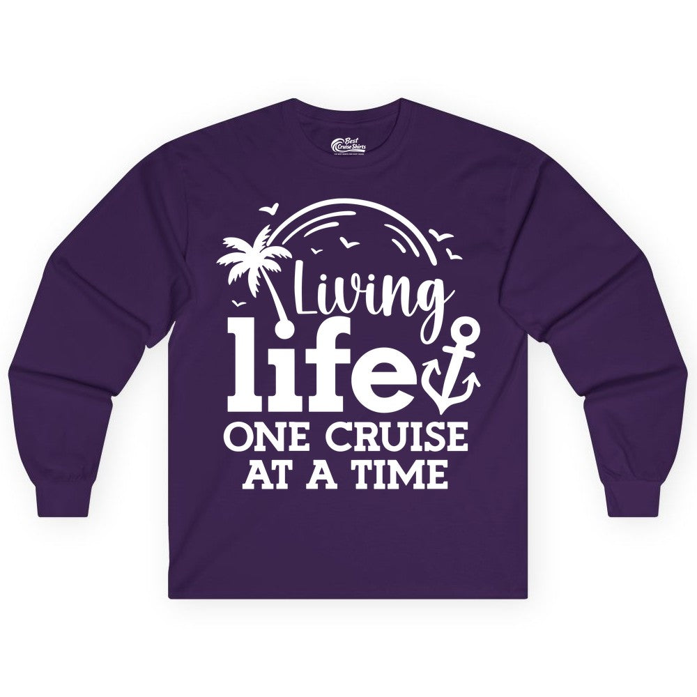 Living Life One Cruise at a Time Shirt - Cruise Lover Gift Apparel (Long Sleeve) in Purple - Living Life One Cruise at a Time Palm Tree Anchor Cruise Shirt