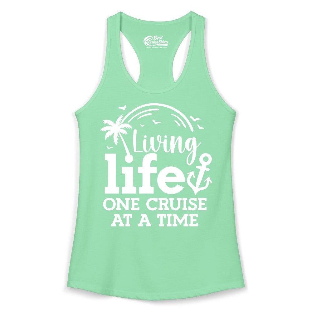 Living Life One Cruise at a Time Shirt - Cruise Lover Gift Apparel (Ladies Tank) in Solid Mint - Living Life One Cruise at a Time Palm Tree Anchor Cruise Shirt