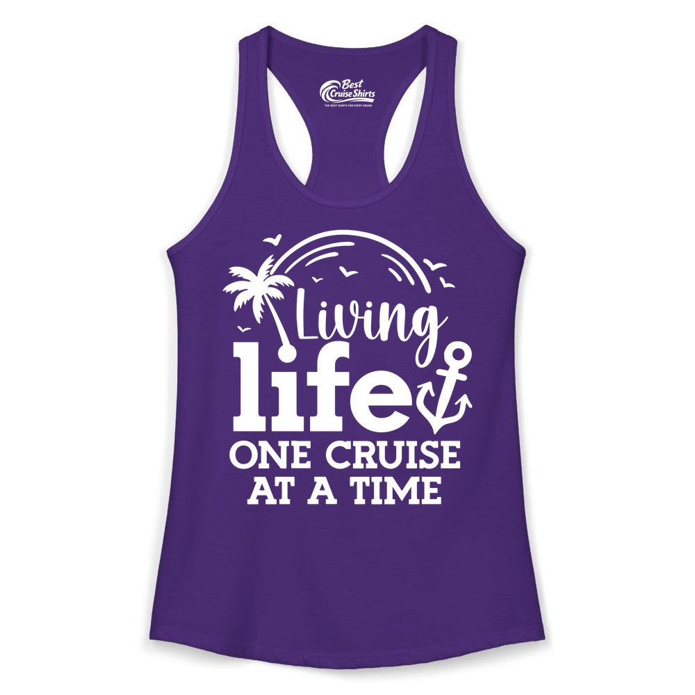 Living Life One Cruise at a Time Shirt - Cruise Lover Gift Apparel (Ladies Tank) in Solid Purple Rush - Living Life One Cruise at a Time Palm Tree Anchor Cruise Shirt