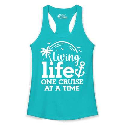 Living Life One Cruise at a Time Shirt - Cruise Lover Gift Apparel (Ladies Tank) in Tahiti Blue - Living Life One Cruise at a Time Palm Tree Anchor Cruise Shirt