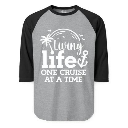 Living Life One Cruise at a Time Shirt - Cruise Lover Gift Apparel (Raglan) in Heather GreyBlack - Living Life One Cruise at a Time Palm Tree Anchor Cruise Shirt