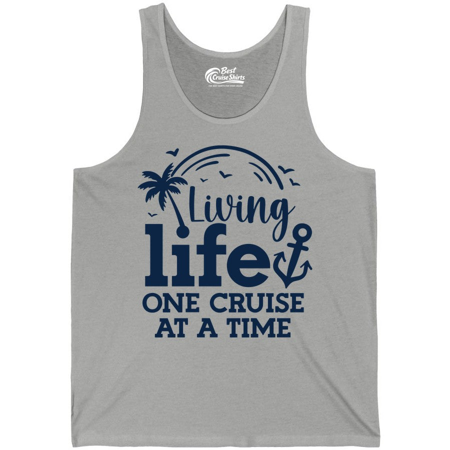 Living Life One Cruise at a Time Shirt - Cruise Lover Gift Apparel (Tank Top) in Athletic Heather - Living Life One Cruise at a Time Palm Tree Anchor Cruise Shirt