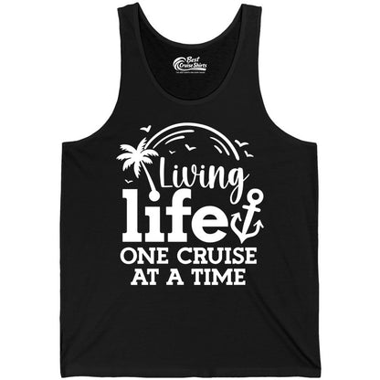 Living Life One Cruise at a Time Shirt - Cruise Lover Gift Apparel (Tank Top) in Black - Living Life One Cruise at a Time Palm Tree Anchor Cruise Shirt