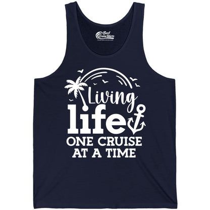 Living Life One Cruise at a Time Shirt - Cruise Lover Gift Apparel (Tank Top) in Navy - Living Life One Cruise at a Time Palm Tree Anchor Cruise Shirt