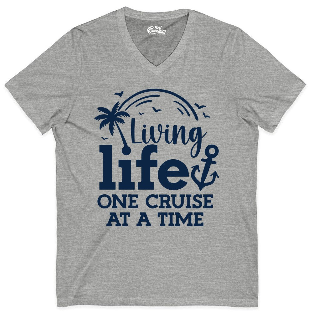 Living Life One Cruise at a Time Shirt - Cruise Lover Gift Apparel (V-Neck) in Athletic Heather - Living Life One Cruise at a Time Palm Tree Anchor Cruise Shirt