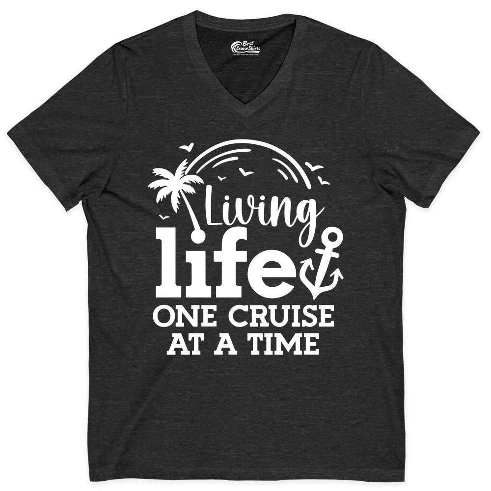 Living Life One Cruise at a Time Shirt - Cruise Lover Gift Apparel (V-Neck) in Dark Grey Heather - Living Life One Cruise at a Time Palm Tree Anchor Cruise Shirt