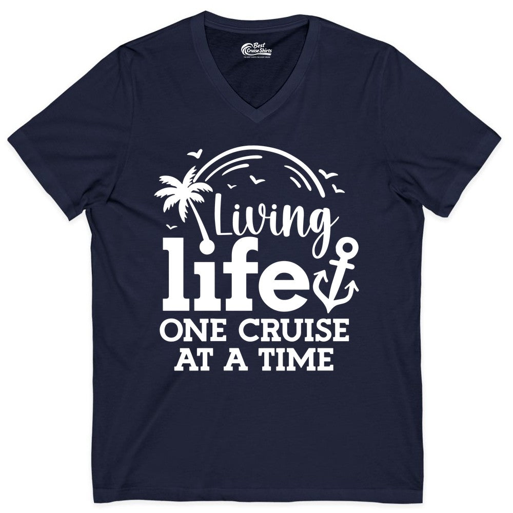 Living Life One Cruise at a Time Shirt - Cruise Lover Gift Apparel (V-Neck) in Navy - Living Life One Cruise at a Time Palm Tree Anchor Cruise Shirt