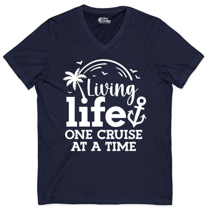 Living Life One Cruise at a Time Shirt - Cruise Lover Gift Apparel (V-Neck) in Navy - Living Life One Cruise at a Time Palm Tree Anchor Cruise Shirt