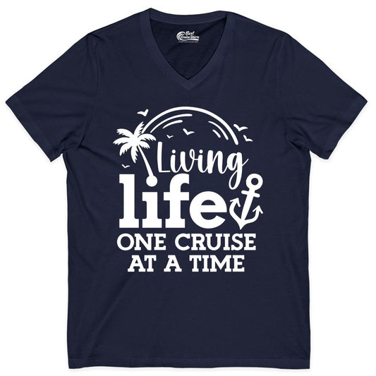 Living Life One Cruise at a Time Shirt - Cruise Lover Gift Apparel (V-Neck) in Navy - Living Life One Cruise at a Time Palm Tree Anchor Cruise Shirt