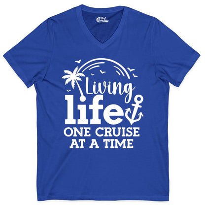 Living Life One Cruise at a Time Shirt - Cruise Lover Gift Apparel (V-Neck) in True Royal - Living Life One Cruise at a Time Palm Tree Anchor Cruise Shirt