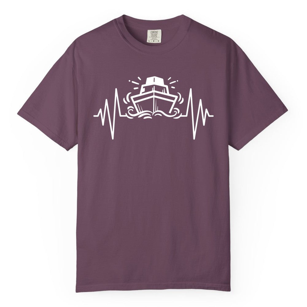 Cruise Heartbeat Shirt - Minimalist Ship Line Art Nautical Gift (Comfort Color) in Berry - Cruise Ship Heartbeat Line Minimalist Nautical Shirt for Enthusiasts