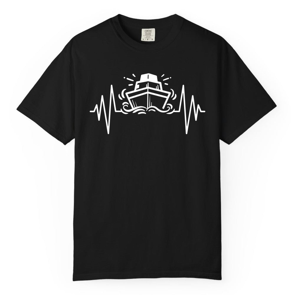 Cruise Heartbeat Shirt - Minimalist Ship Line Art Nautical Gift (Comfort Color) in Black - Cruise Ship Heartbeat Line Minimalist Nautical Shirt for Enthusiasts