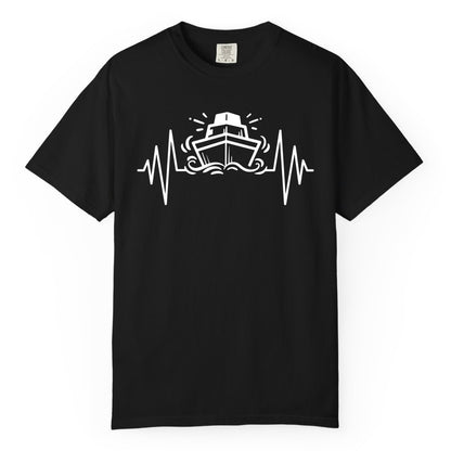 Cruise Heartbeat Shirt - Minimalist Ship Line Art Nautical Gift (Comfort Color) in Black - Cruise Ship Heartbeat Line Minimalist Nautical Shirt for Enthusiasts