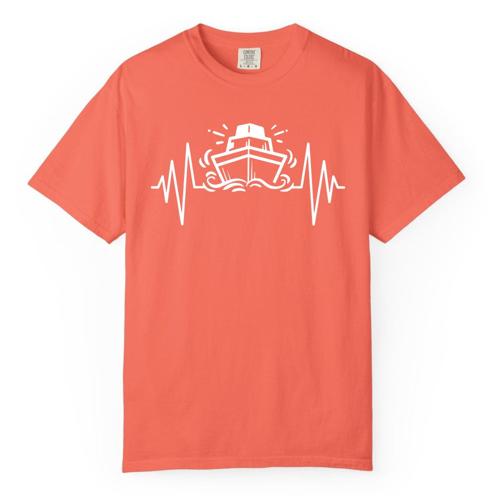 Cruise Heartbeat Shirt - Minimalist Ship Line Art Nautical Gift (Comfort Color) in Bright Salmon - Cruise Ship Heartbeat Line Minimalist Nautical Shirt for Enthusiasts