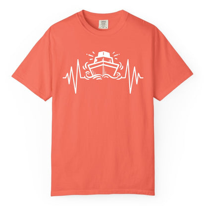 Cruise Heartbeat Shirt - Minimalist Ship Line Art Nautical Gift (Comfort Color) in Bright Salmon - Cruise Ship Heartbeat Line Minimalist Nautical Shirt for Enthusiasts