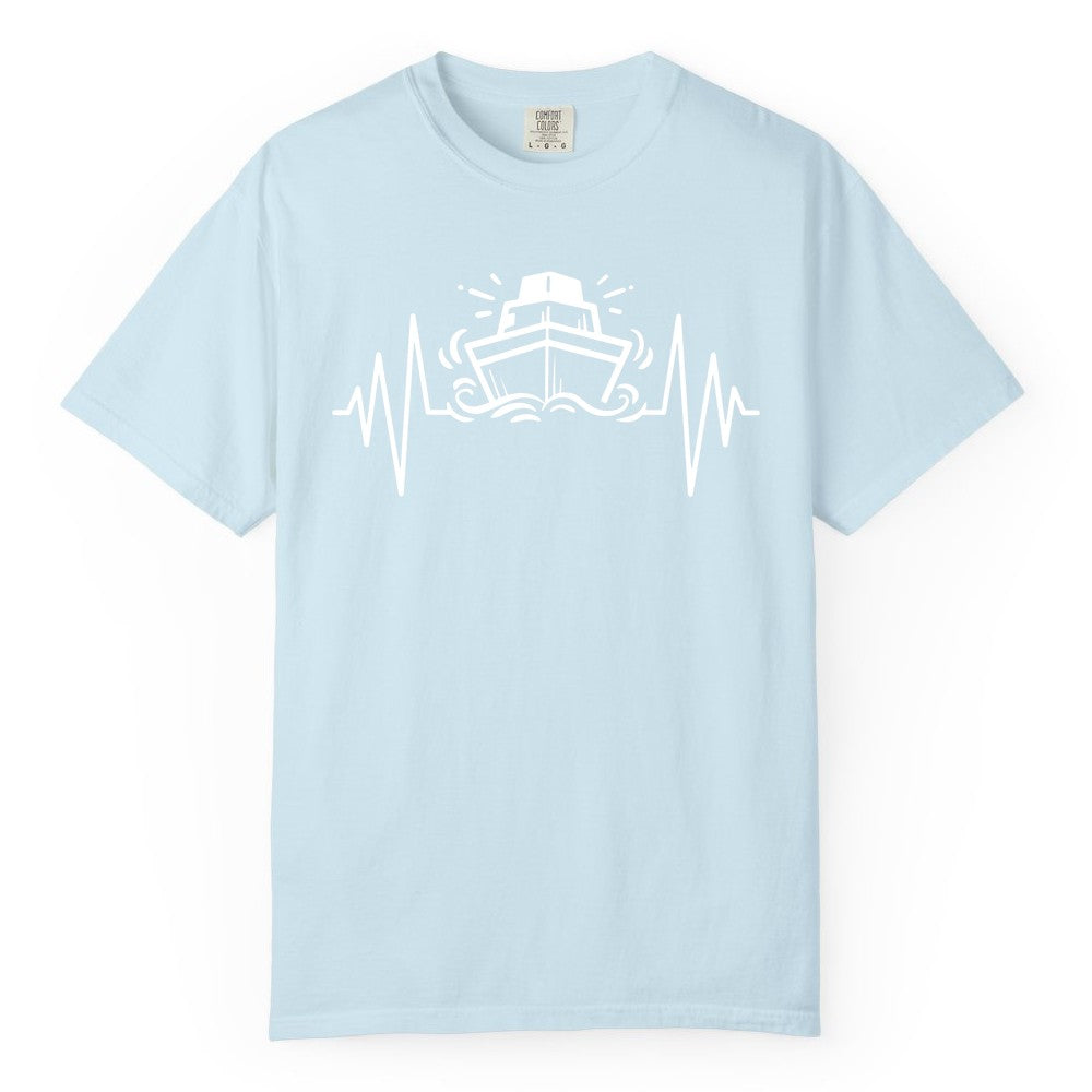 Cruise Heartbeat Shirt - Minimalist Ship Line Art Nautical Gift (Comfort Color) in Chambray - Cruise Ship Heartbeat Line Minimalist Nautical Shirt for Enthusiasts