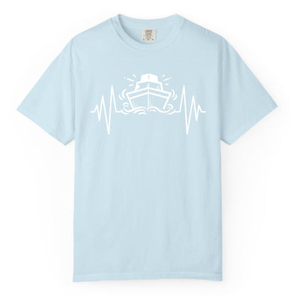 Cruise Heartbeat Shirt - Minimalist Ship Line Art Nautical Gift (Comfort Color) in Chambray - Cruise Ship Heartbeat Line Minimalist Nautical Shirt for Enthusiasts