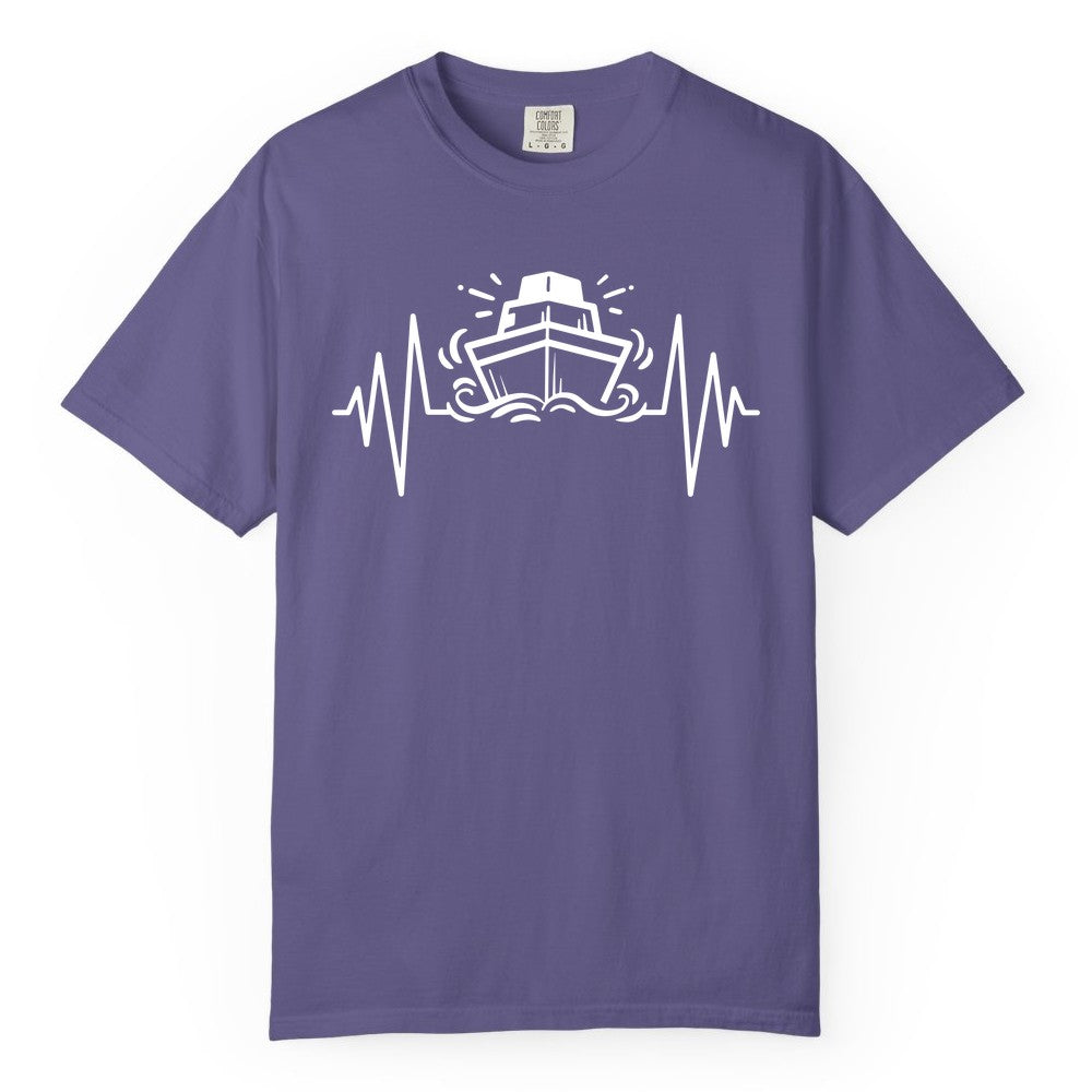 Cruise Heartbeat Shirt - Minimalist Ship Line Art Nautical Gift (Comfort Color) in Grape - Cruise Ship Heartbeat Line Minimalist Nautical Shirt for Enthusiasts