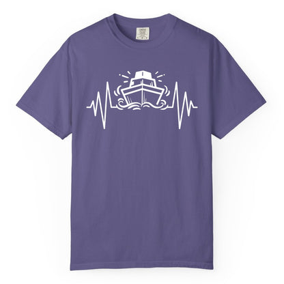 Cruise Heartbeat Shirt - Minimalist Ship Line Art Nautical Gift (Comfort Color) in Grape - Cruise Ship Heartbeat Line Minimalist Nautical Shirt for Enthusiasts