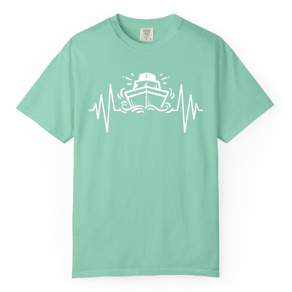 Cruise Heartbeat Shirt - Minimalist Ship Line Art Nautical Gift (Comfort Color) in Island Reef - Cruise Ship Heartbeat Line Minimalist Nautical Shirt for Enthusiasts