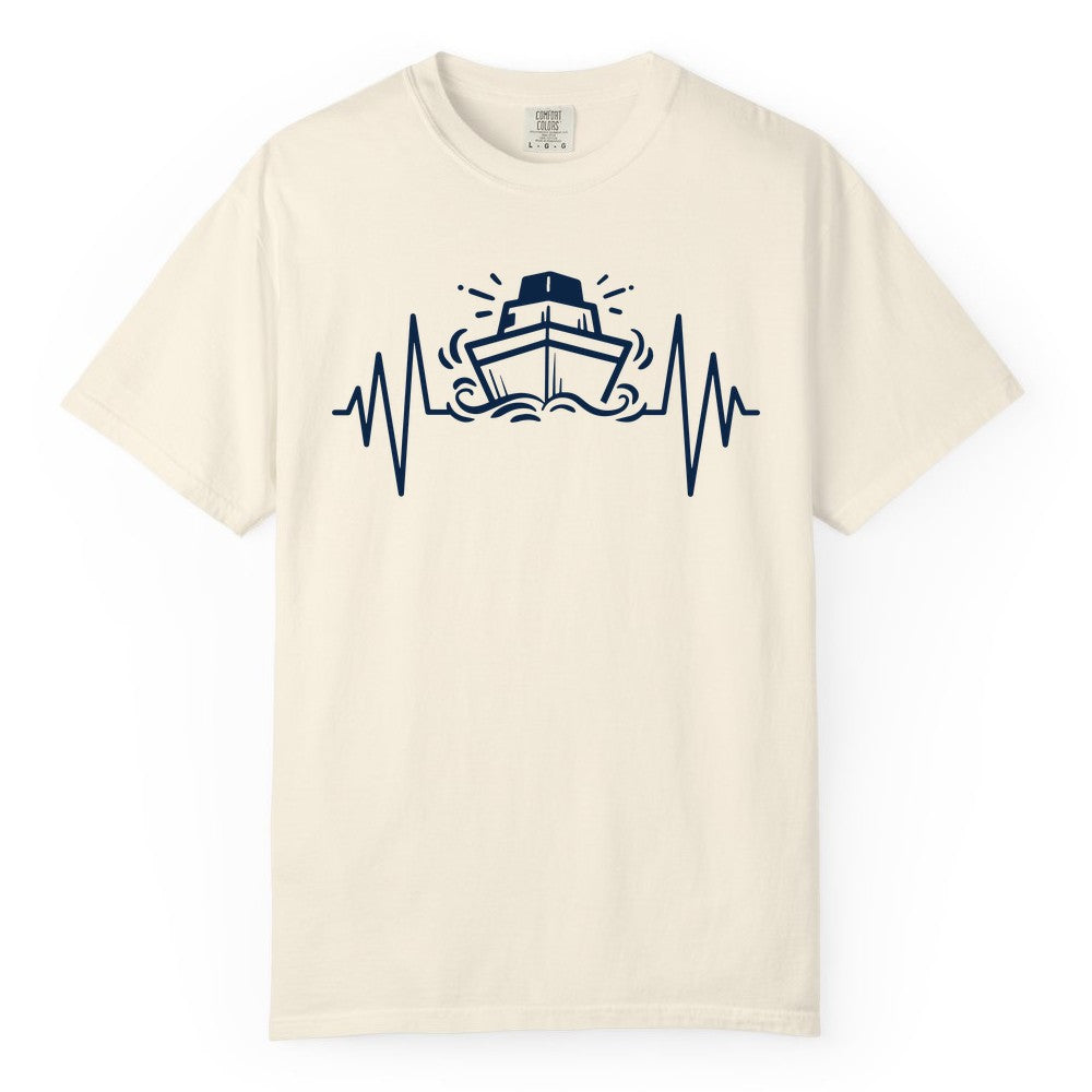 Cruise Heartbeat Shirt - Minimalist Ship Line Art Nautical Gift (Comfort Color) in Ivory - Cruise Ship Heartbeat Line Minimalist Nautical Shirt for Enthusiasts