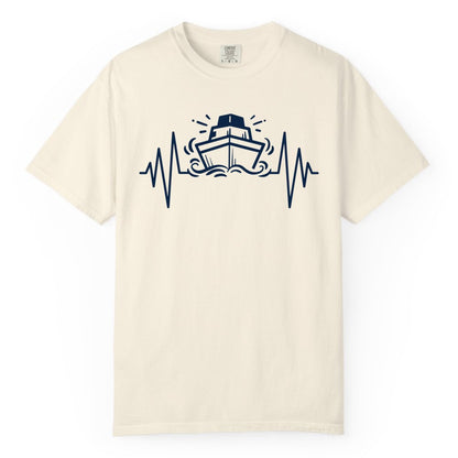 Cruise Heartbeat Shirt - Minimalist Ship Line Art Nautical Gift (Comfort Color) in Ivory - Cruise Ship Heartbeat Line Minimalist Nautical Shirt for Enthusiasts