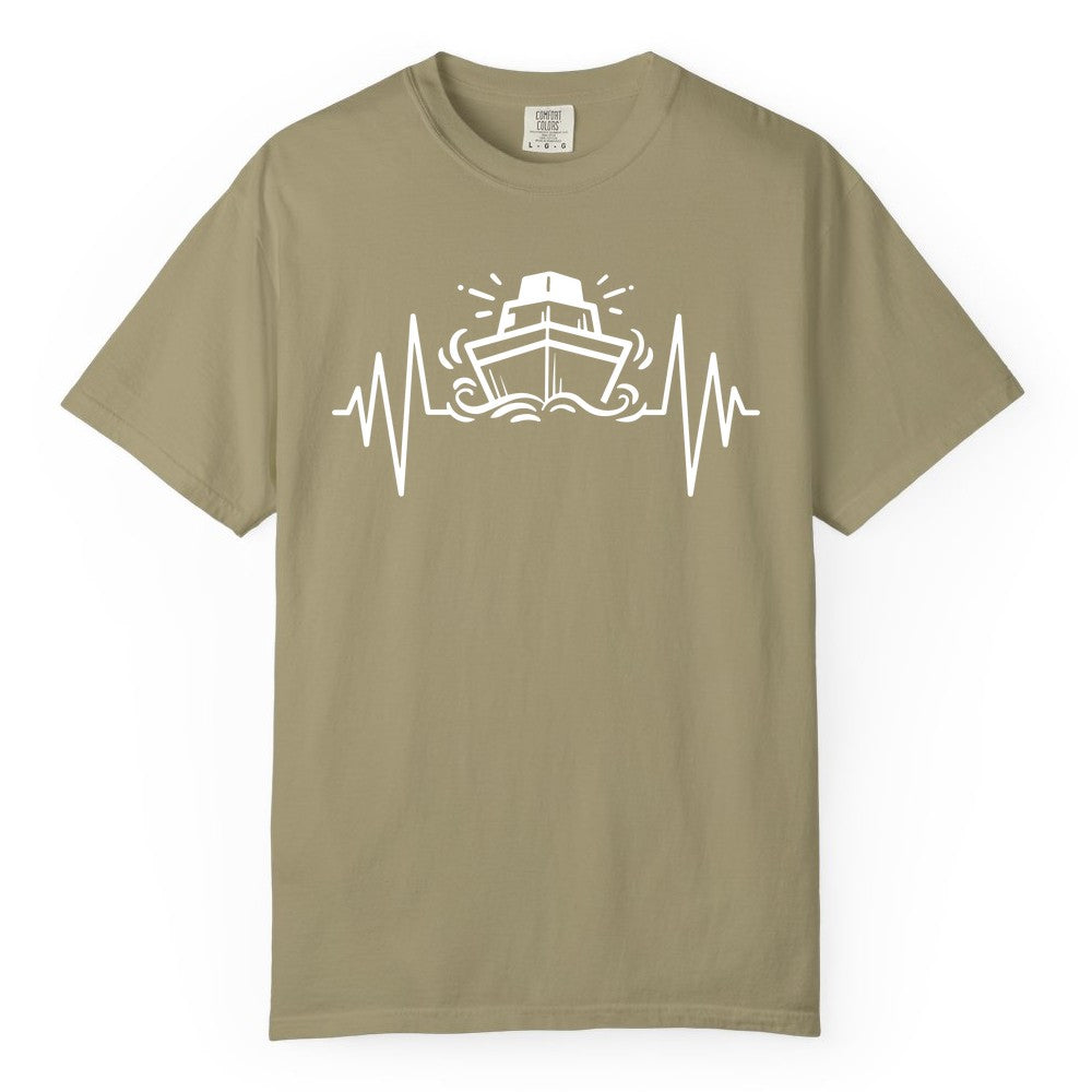 Cruise Heartbeat Shirt - Minimalist Ship Line Art Nautical Gift (Comfort Color) in Khaki - Cruise Ship Heartbeat Line Minimalist Nautical Shirt for Enthusiasts