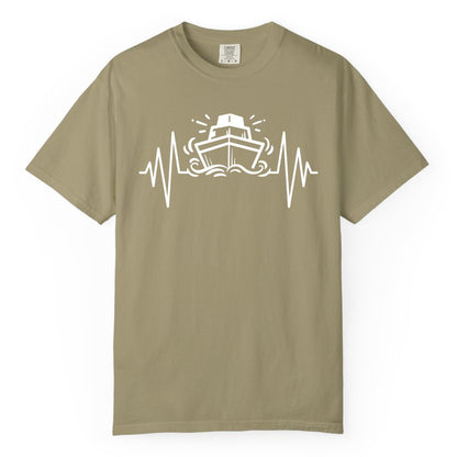 Cruise Heartbeat Shirt - Minimalist Ship Line Art Nautical Gift (Comfort Color) in Khaki - Cruise Ship Heartbeat Line Minimalist Nautical Shirt for Enthusiasts
